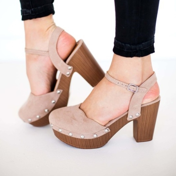 Taupe Silver Studded Platform Vegan Suede Heels - Picture 2 of 2
